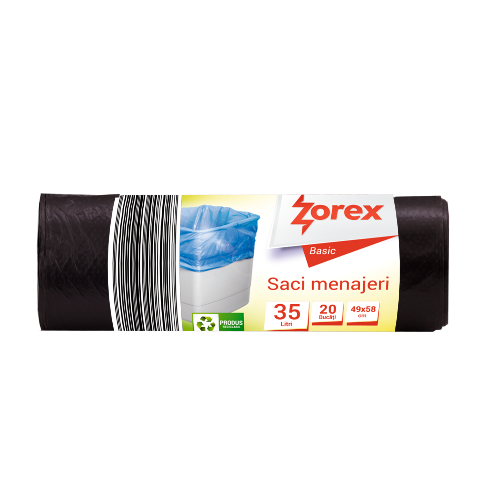 Saci menajeri Zorex Basic, 35L, negru, 20 buc/rola