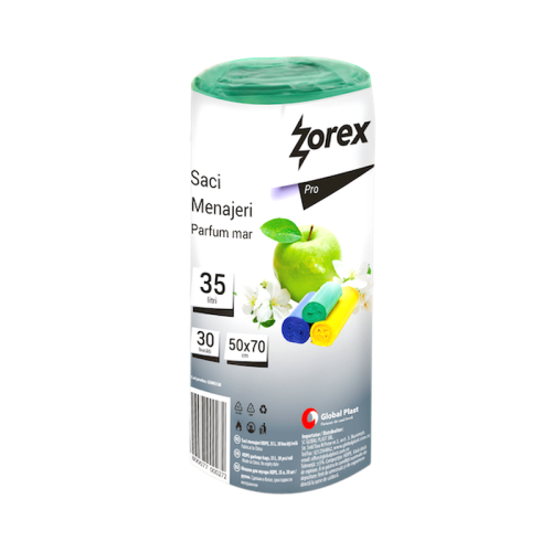 Saci menajeri Zorex Pro, parfum Mar, 35L, verde, 30 buc/rola