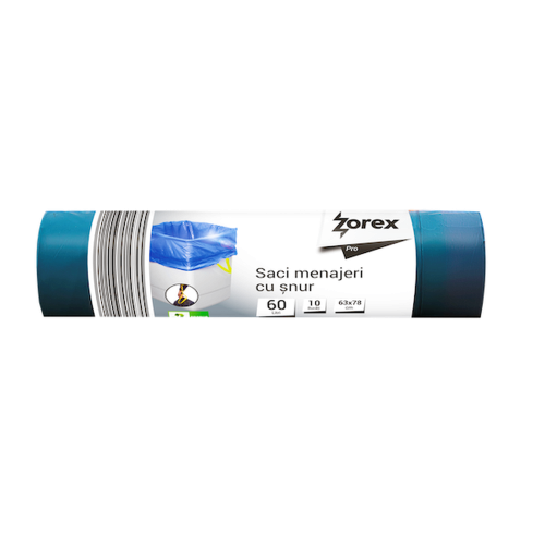 Saci menajeri cu șnur Zorex Pro, 60L, albastru, 10 buc/rolă Saci menajeri cu șnur Zorex Pro, 60L, albastru, 10 buc/rolă